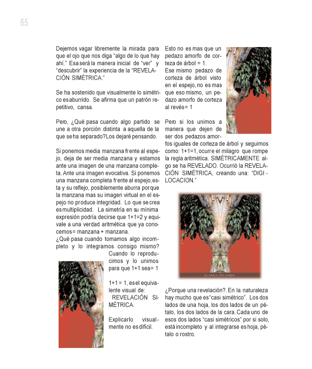 
Dejemos vagar libremente la mirada para el ojo que nos diga algo de lo que hay ah�. Esa ser� la manera inicial de ver y descubrir la experiencia de la REVELACI�N SIM�TRICA.

Se ha sostenido que  visualmente lo sim�trico  es aburrido. Se afirma que un patr�n repetitivo, cansa.

Pero, �Qu� pasa cuando algo partido se une a otra porci�n distinta a aquella de la que se ha separado? Los dejar� pensando. 

Si ponemos media manzana frente al espejo, deja de ser media manzana y estamos ante una imagen de una manzana completa. Ante una imagen evocativa. Si ponemos un amanzana completa frente al espejo, esta y su reflejo, posiblemente aburra porque la manzana mas su imagen virtual en el espejo no produce integridad. Lo que se crea es multiplicidad. La simetr�a en su m�nima expresi�n podr�a decirse que 1 + 1 = 2 y equivale a una verdad aritm�tica que ya conocemos = manzana + manzana.

�Qu� pasa cuando tomamos algo incompleto y lo integramos consigo mismo? Cuando lo reproducimos y lo unimos para que 1 + 1 sea = 1.

1 + 1 = 1, es equivalente visual de: REVELACI�N SIM�TRICA. 

Explicarlo visualmente no es dif�cil. 

Esto no es mas que un pedazo amorfo de corteza de �rbol = 1.

Ese mismo pesazo de corteza de �rbol visto en el espejo, no es mas que eso mismo, un pedazo de amorfo de corteza al rev�s = 1.

Pero si lo unimos a manera que dejen de ser dos pedazo amorfos iguales de corteza de �rbol y seguimos como: 1 + 1 = 1, ocurre el milagro que rompe la regla aritm�tica, SIM�TRICAMENTE algo se ha REVELADO. Ocurri�  la REVELACI�N SIM�TRICA, creando una: 